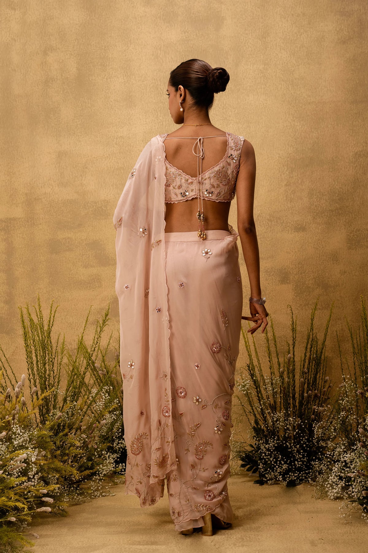 Pastel pink Pre-stitched hand embroidered organza saree set