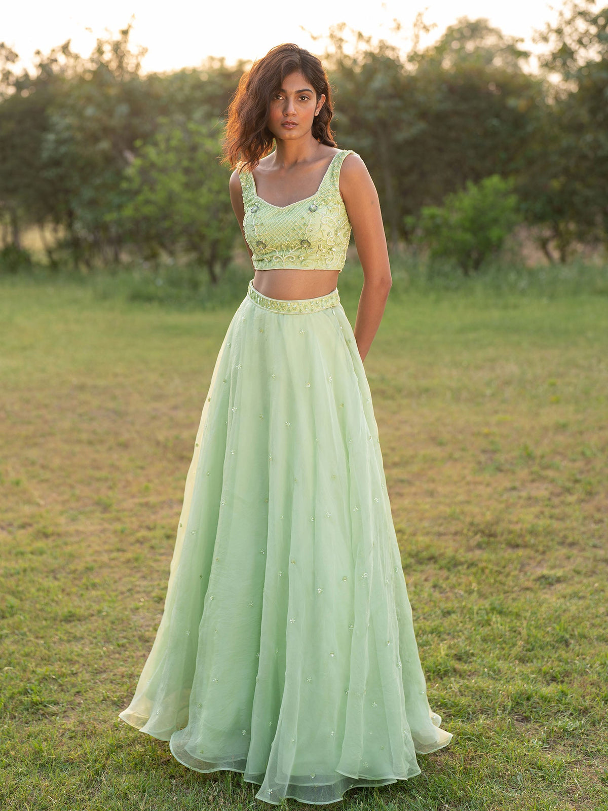 Summerhaven Green Silk Organza Lehenga