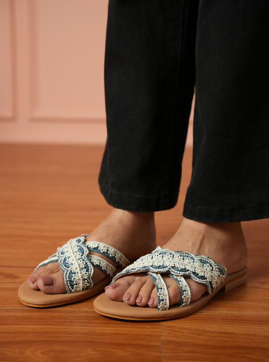 Bella Denim Cross StrapÂ Flat