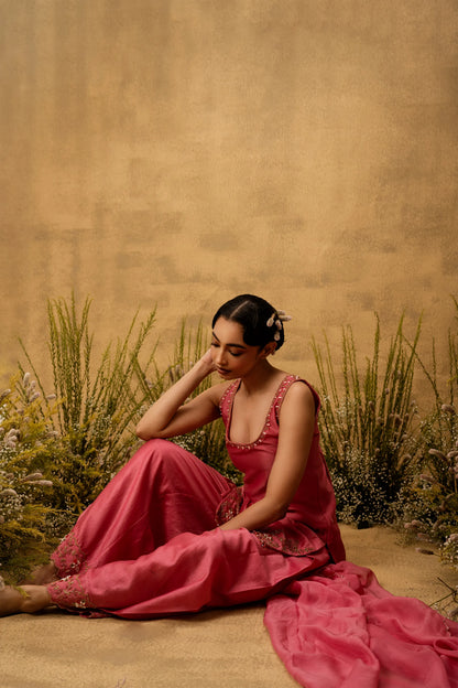 Pink hand embroidered chanderi silk suit set with organza dupatta