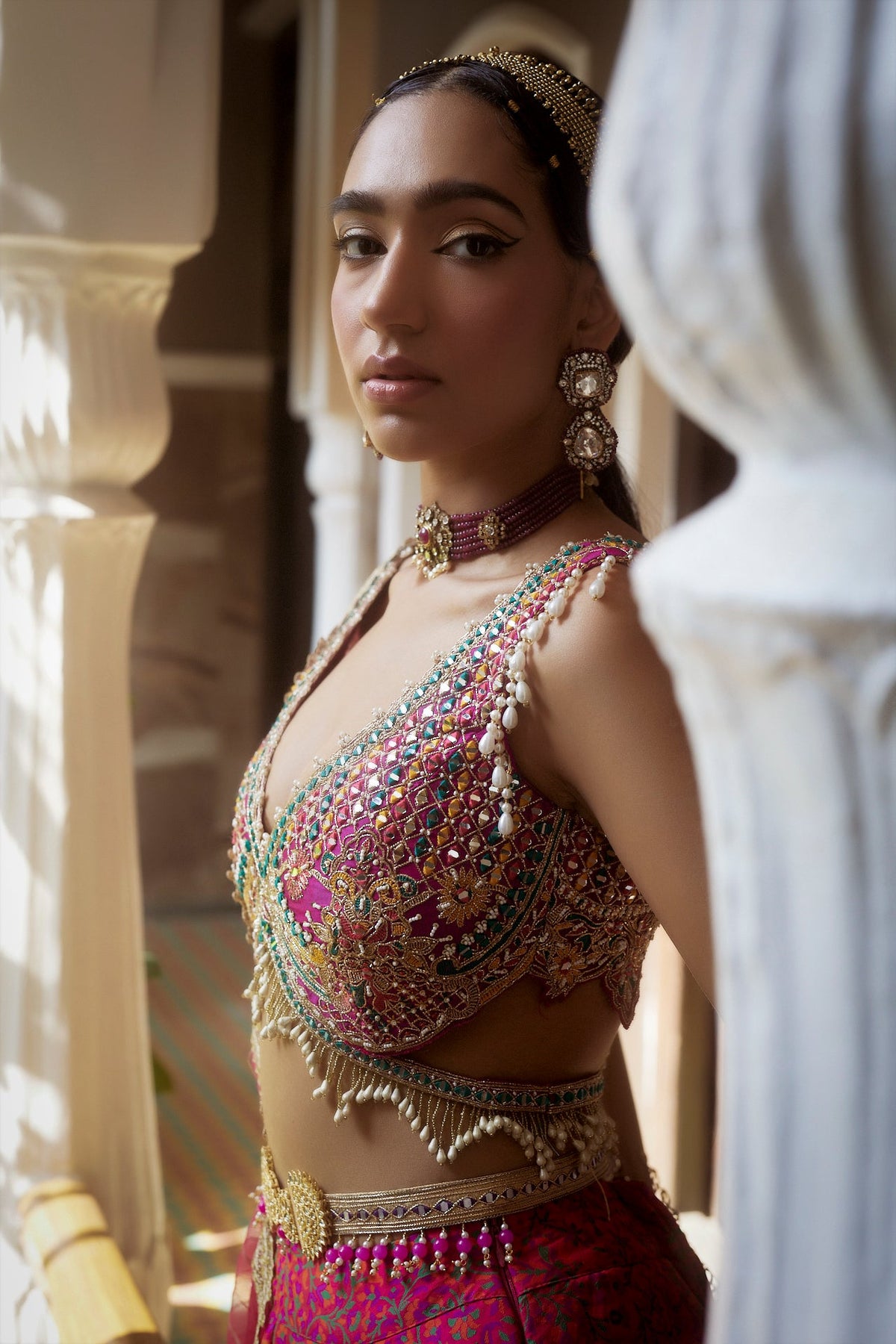 Shop Coral Jamawar Embroidered Lehenga Set