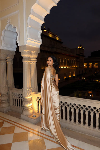 VISHAKHA HOLSAMBRE In Light Beige satin Saree Set