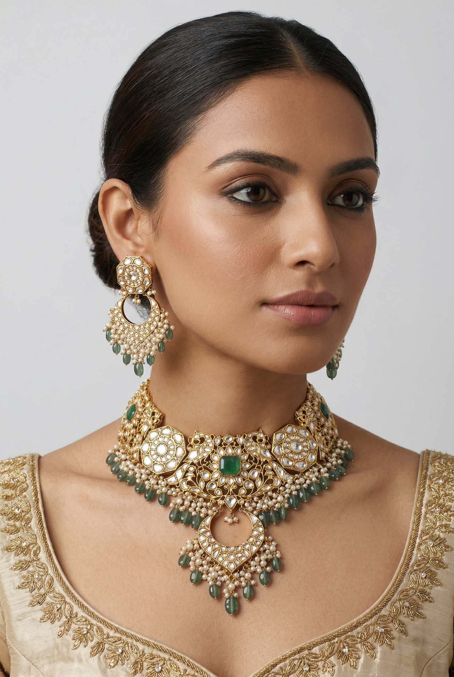 Navika Green Gold Plated Kundan Bridal Set