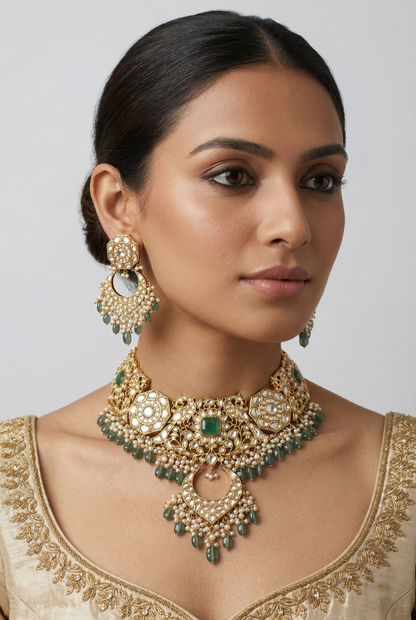 Navika Green Gold Plated Kundan Bridal Set