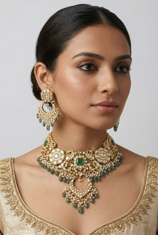 Navika Green Gold Plated Kundan Bridal Set