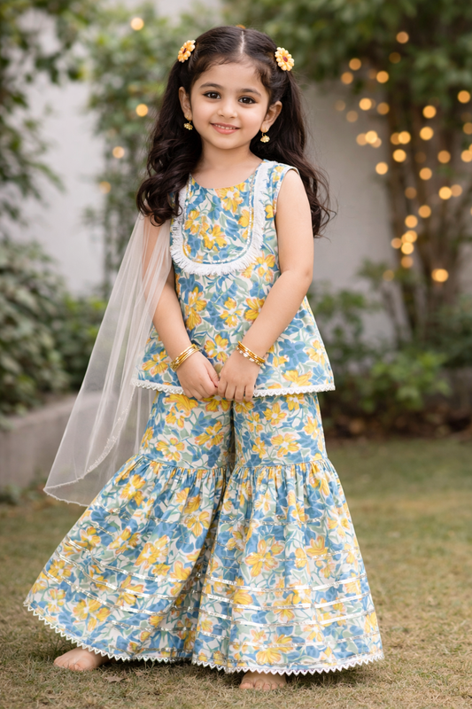 Blue Yellow Hand Block Printed Cotton Sharara Suit