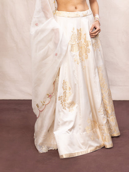 Handwoven Off-White Satin Lehenga Set