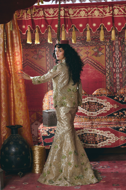 Pearl-Gold Skirt, Jacket, and Bustier Set