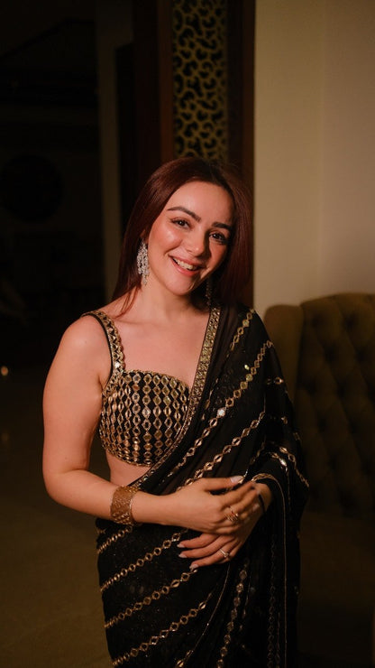 SIMRAN SETHI BEDI In Black mirror Embroidered Pre Draped Saree Set