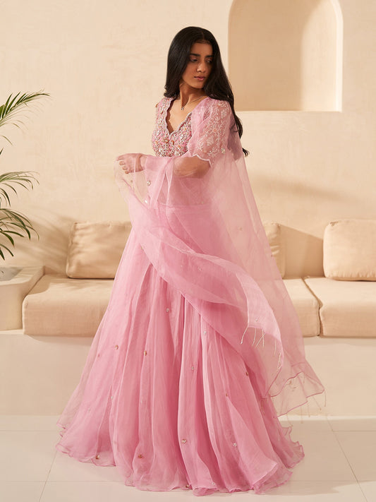 Selene Lilac Silk Organza Lehenga Set