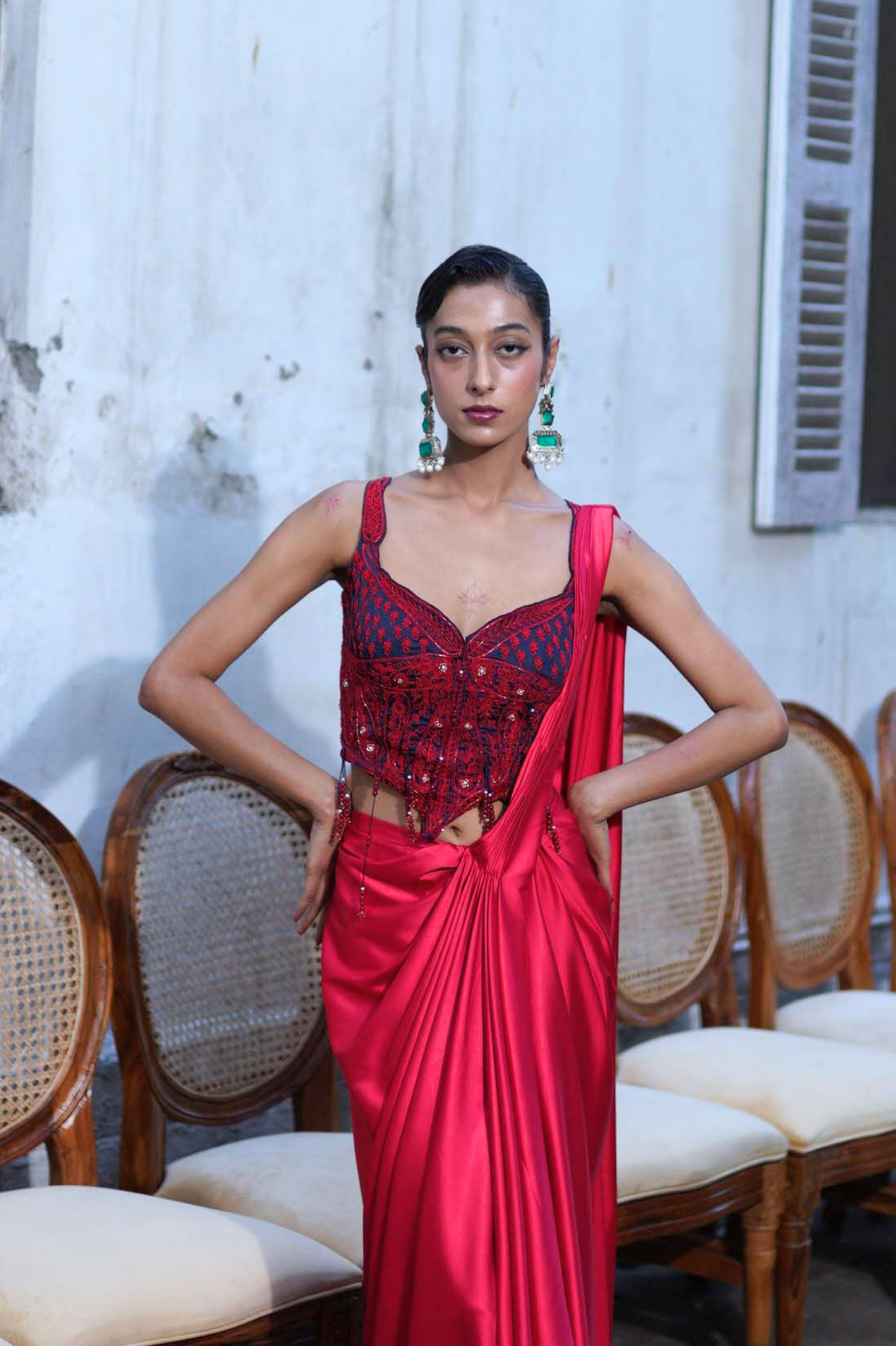 Red short corset with saree set