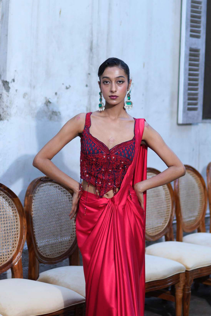 Red short corset with saree set
