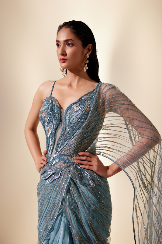 Twilight teal stream saree