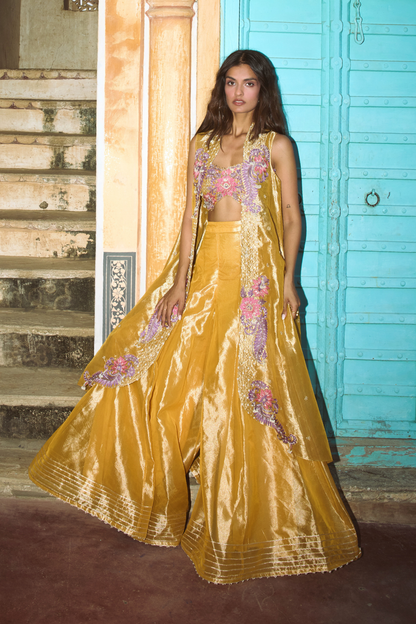 Mustard yellow pure zari tissue sharara set with organza cape