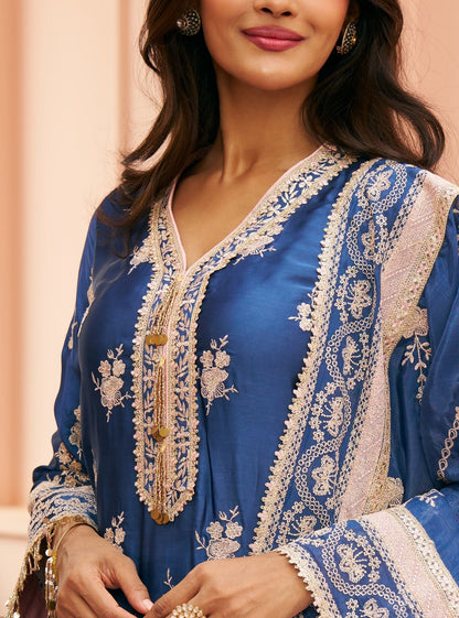 Saaj Cupro Satin Navy Kurta Set