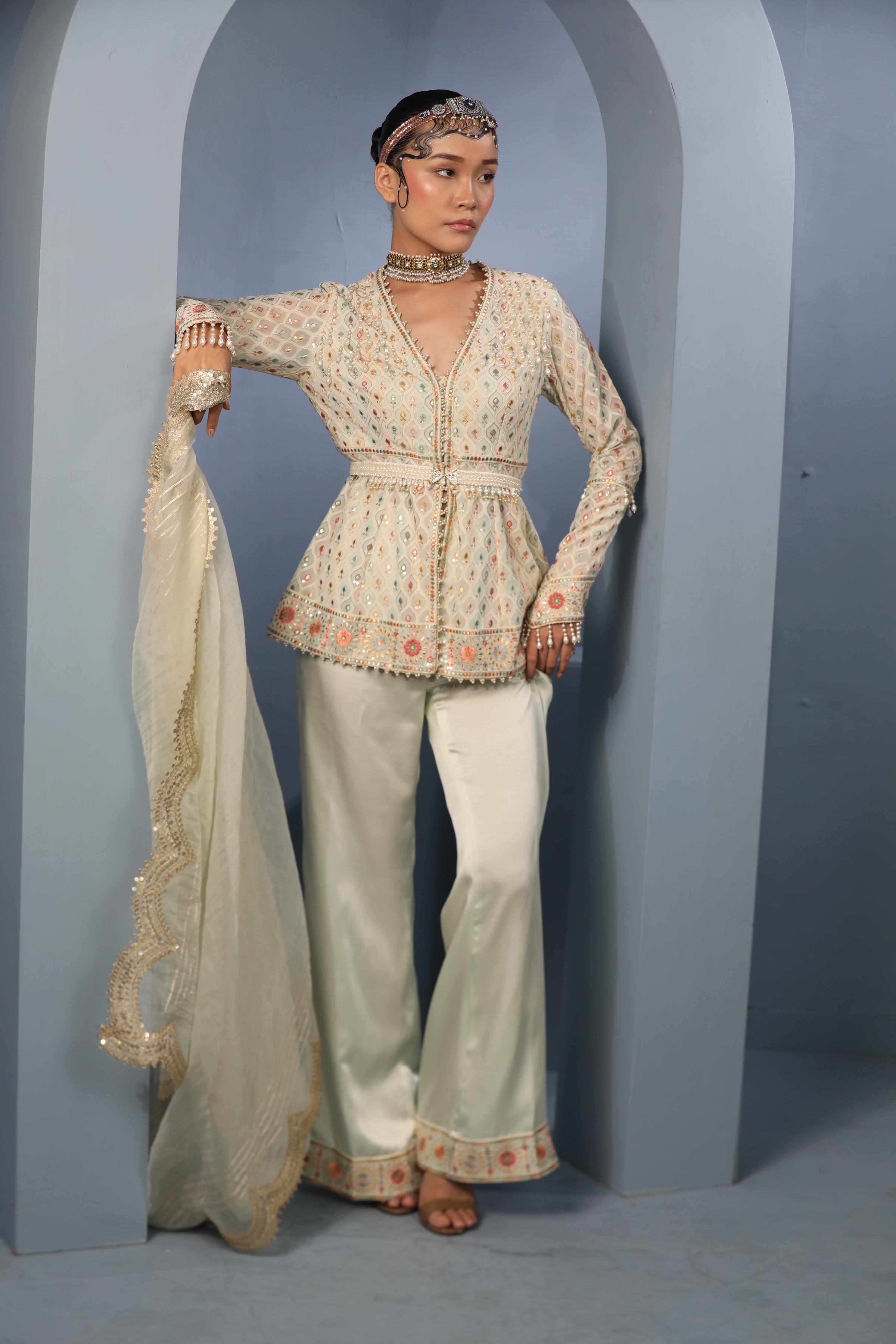 Pista Green Georgette Jacket-Palazzo