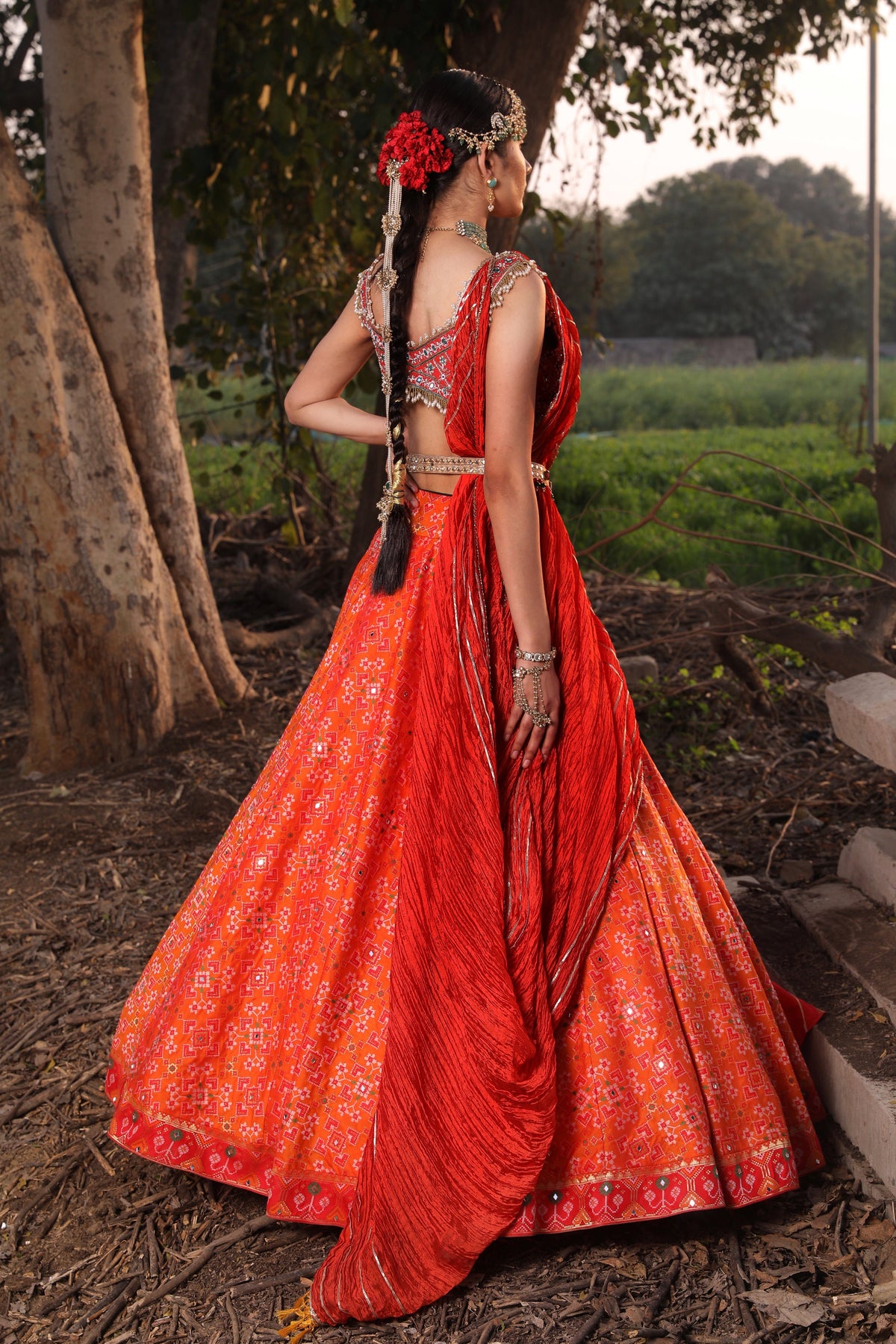 Women's Orange Embroidered Lehenga Set backview