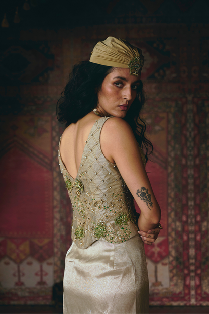 Pearl-Gold Draped Skirt and Corset Set