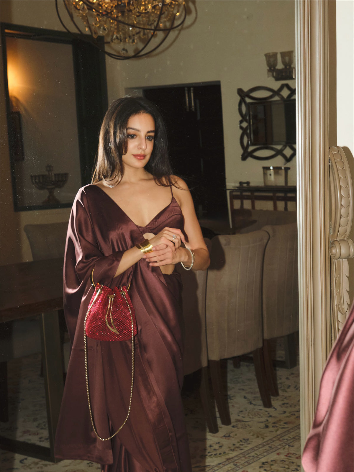 Handwoven Chocolate Brown Satin Saree