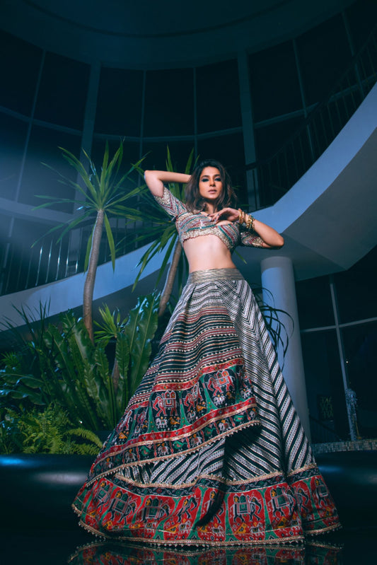 black and White Chevron Patola Lehenga Set