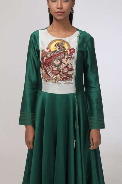 Hand Embroidery Kurti Bottle Green  Ivory