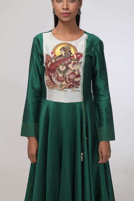 Hand Embroidery Kurti Bottle Green  Ivory