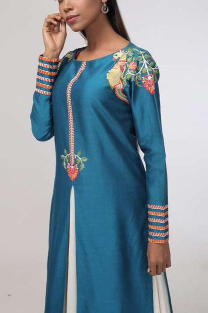Kurti with Skirt Teal Blue and Ivory
