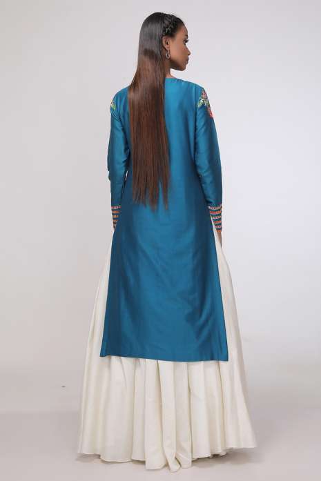 Kurti with Skirt Teal Blue and Ivory