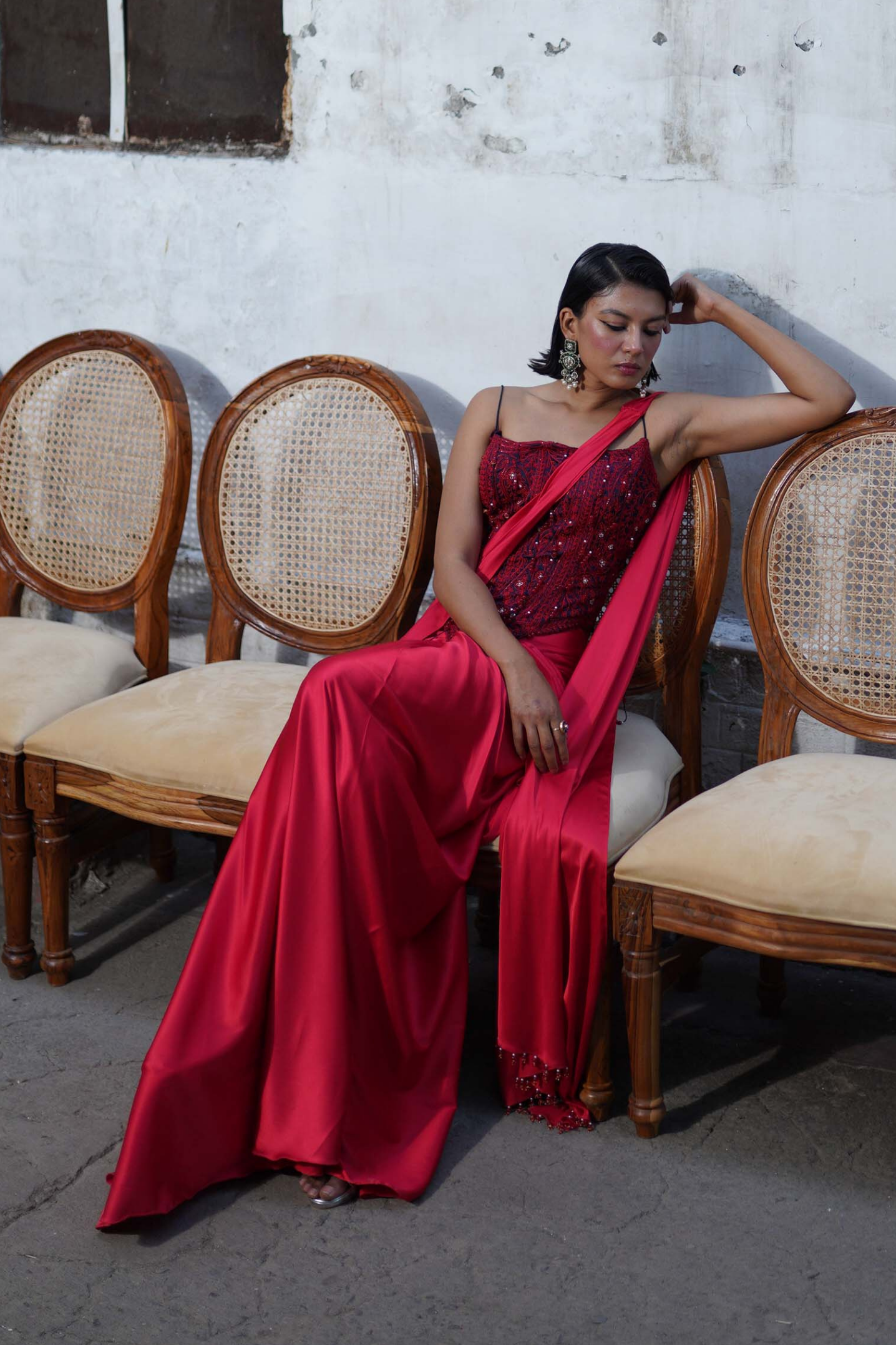 Red long corset with saree set