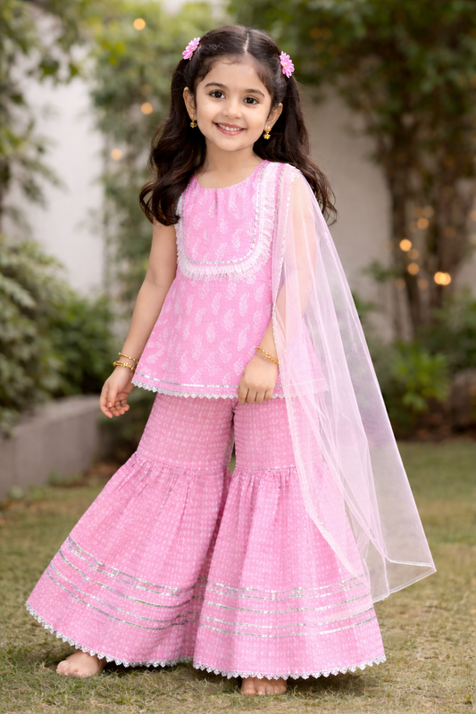 Pink Hand Block Printed Cotton Sharara Suit