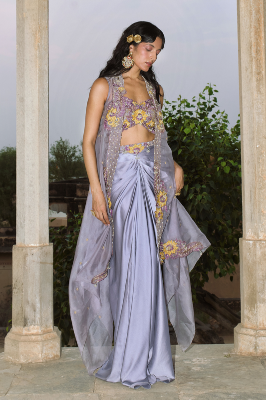 Lilac drape satin skirt set with organza cape