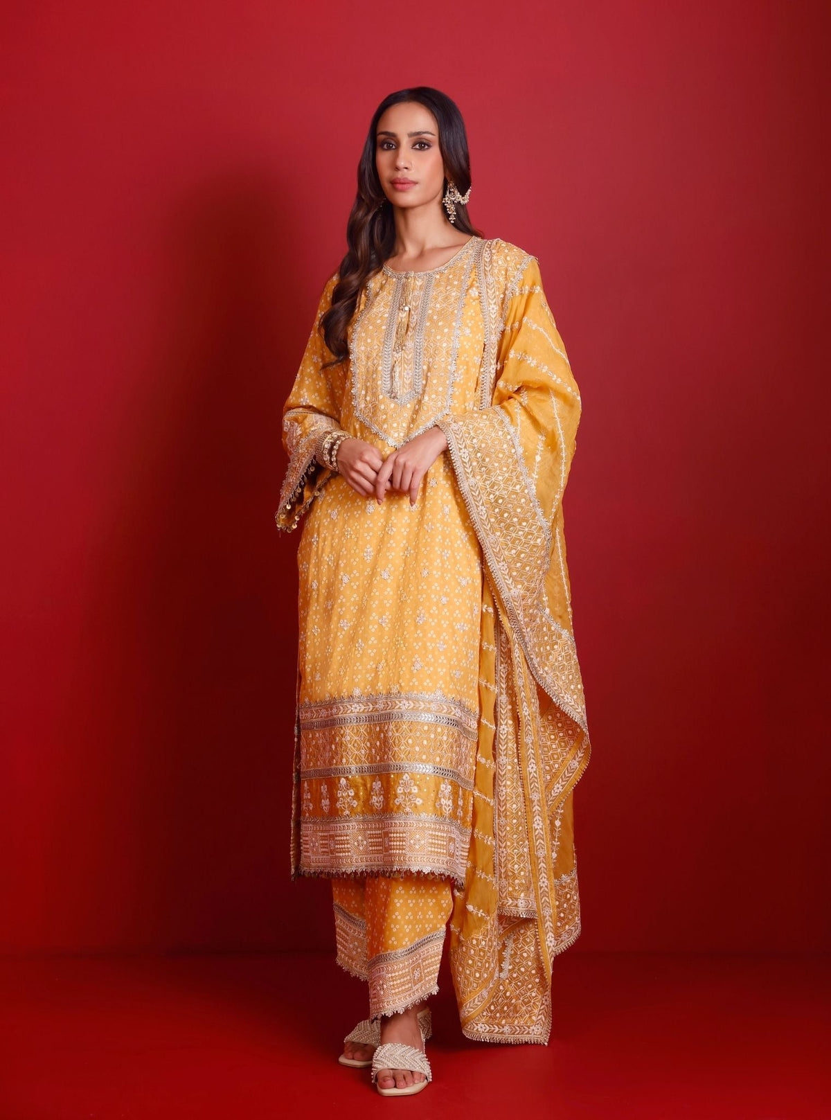 Lari Pima Satin Printed Mustard Kurta Set
