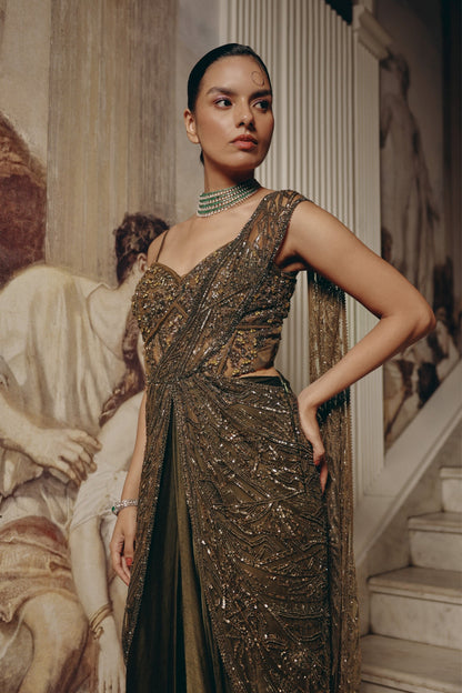Enchanted Olive Drape saree