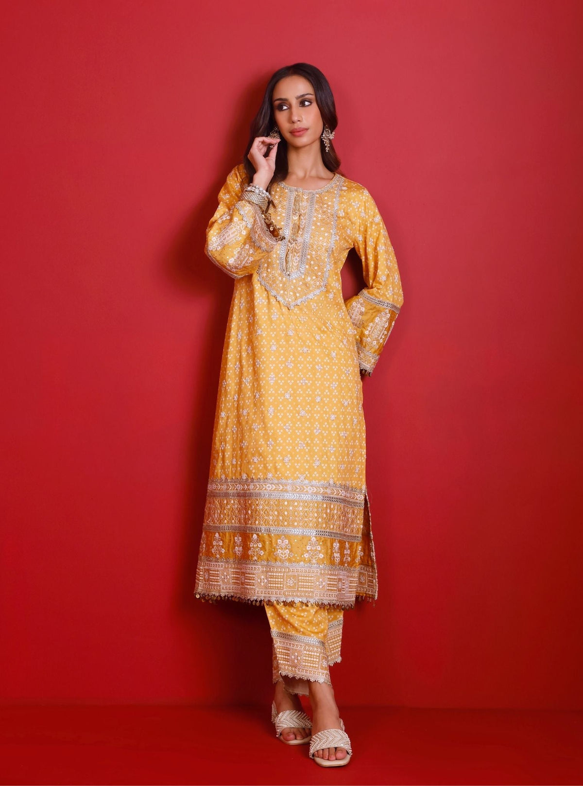 Lari Pima Satin Printed Mustard Kurta Set
