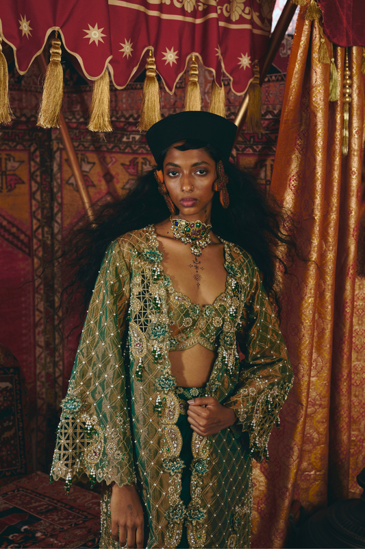 Emerald Green Draped Skirt,Long Jacket, and Bustier Set
