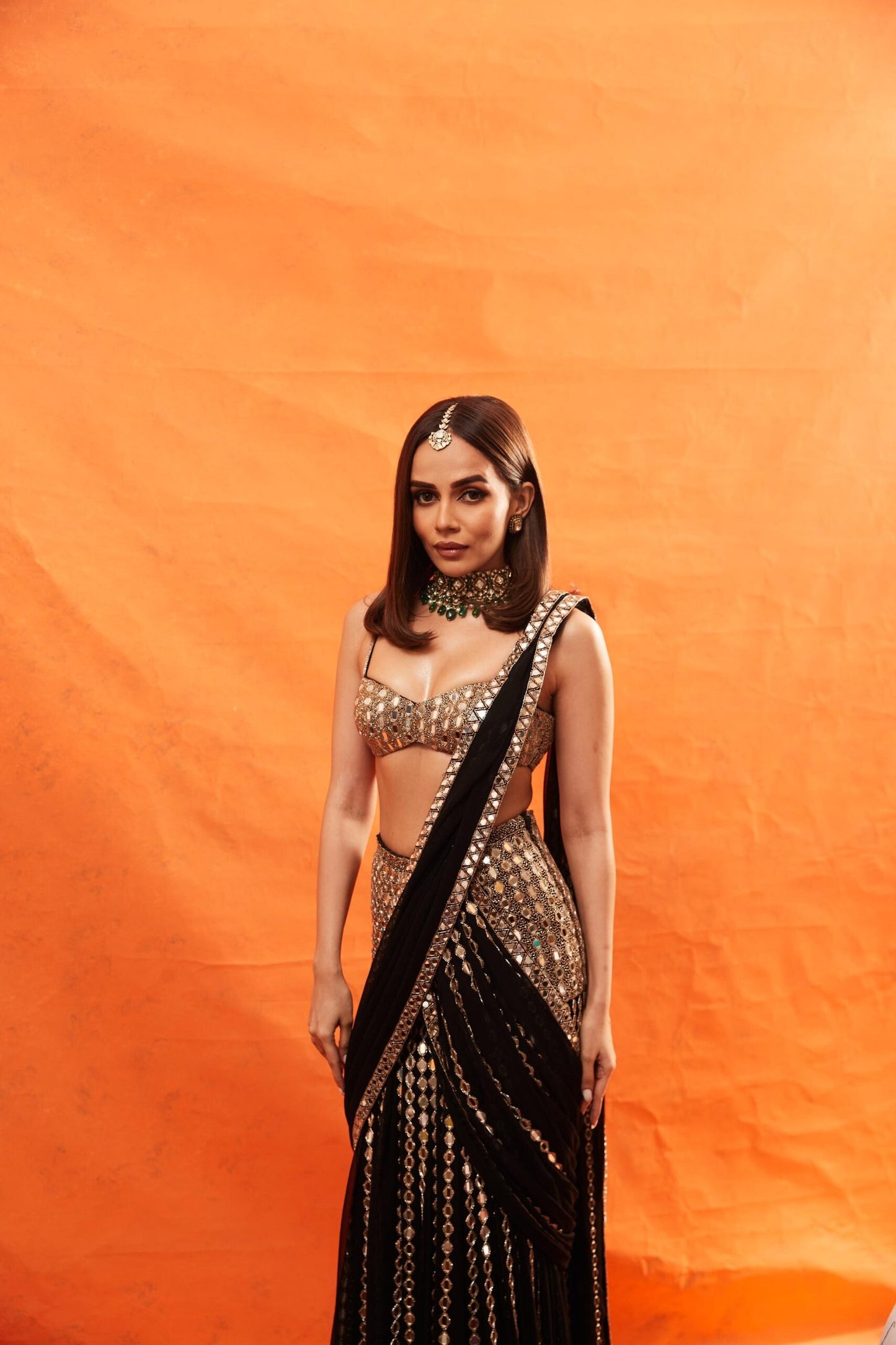 KOMAL PANDEY In Black Pre Draped Hand Embroidered Saree Set