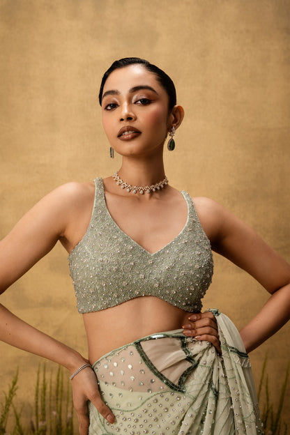 Mint green Pre-stitched hand embroidered georgette saree set