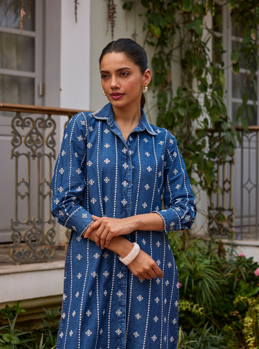 Veena Denim Long Shirt Co-ord Set
