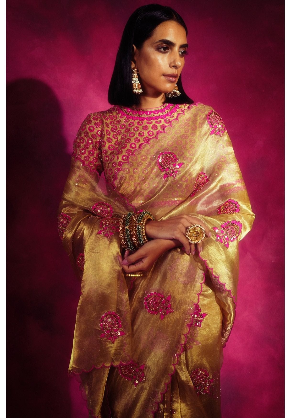 Gold Tissue Applique Saree Set