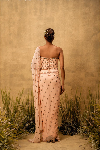 Peach Pre-stitched hand embroidered georgette saree set