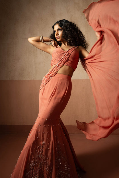 Fishtail Style, Peach Coloured, Hand Embroidered Georgette Fishtail Saree