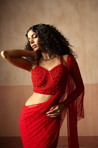Fishtail Style, Red & Fuschia Pink Coloured,  Hand Embroidered, Net & Georgette Fishtail Saree, Concept Saree