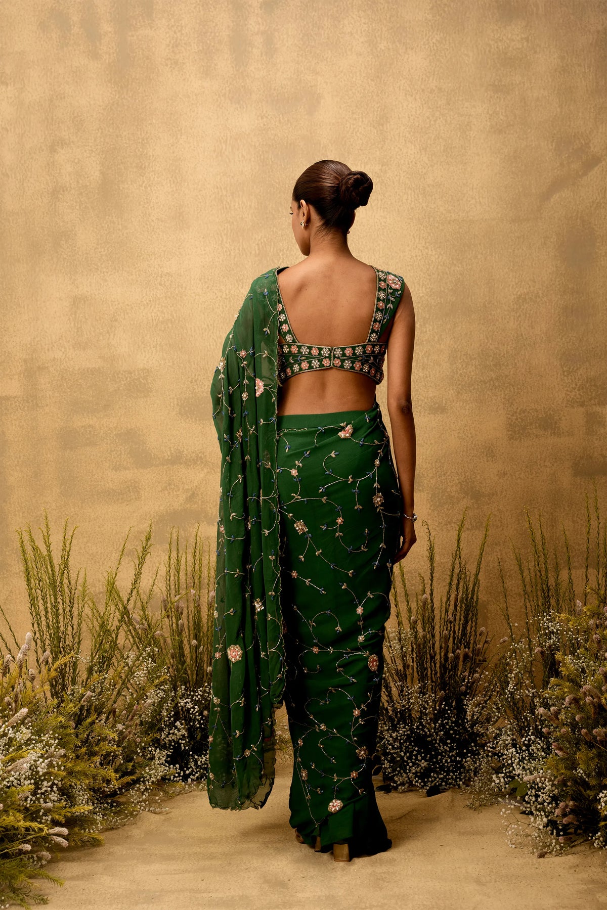 Emerald green Pre-stitched hand embroidered georgette saree set