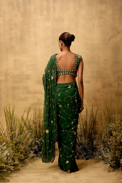 Emerald green Pre-stitched hand embroidered georgette saree set