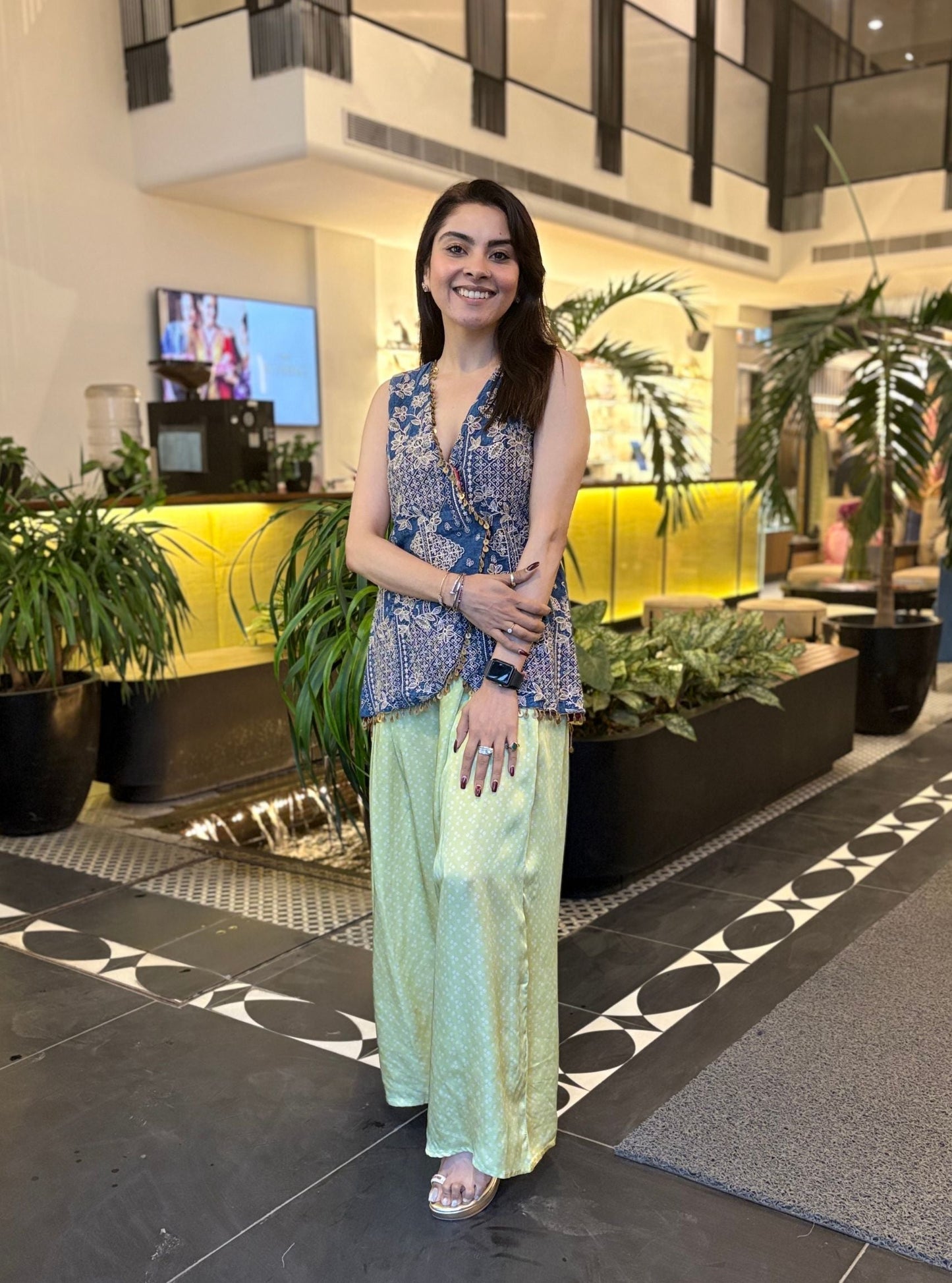 Lunira Denim Waistcoat With Cupro Satin Printed Sage Green Pant