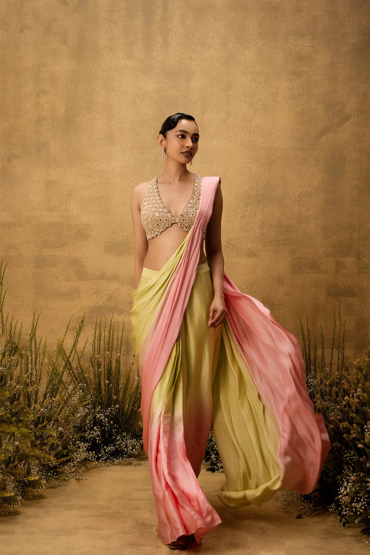 Pastel green & pink ombre pre-draped modal satin saree with embroidered blouse