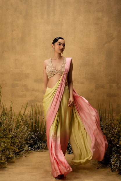 Pastel green & pink ombre pre-draped modal satin saree with embroidered blouse