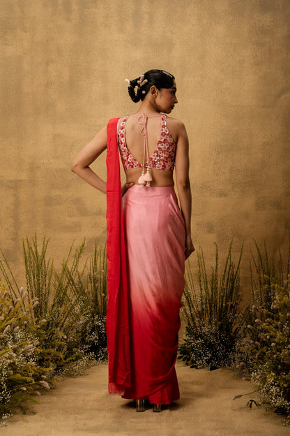 Pastel pink ombre pre-draped modal satin saree with embroidered blouse