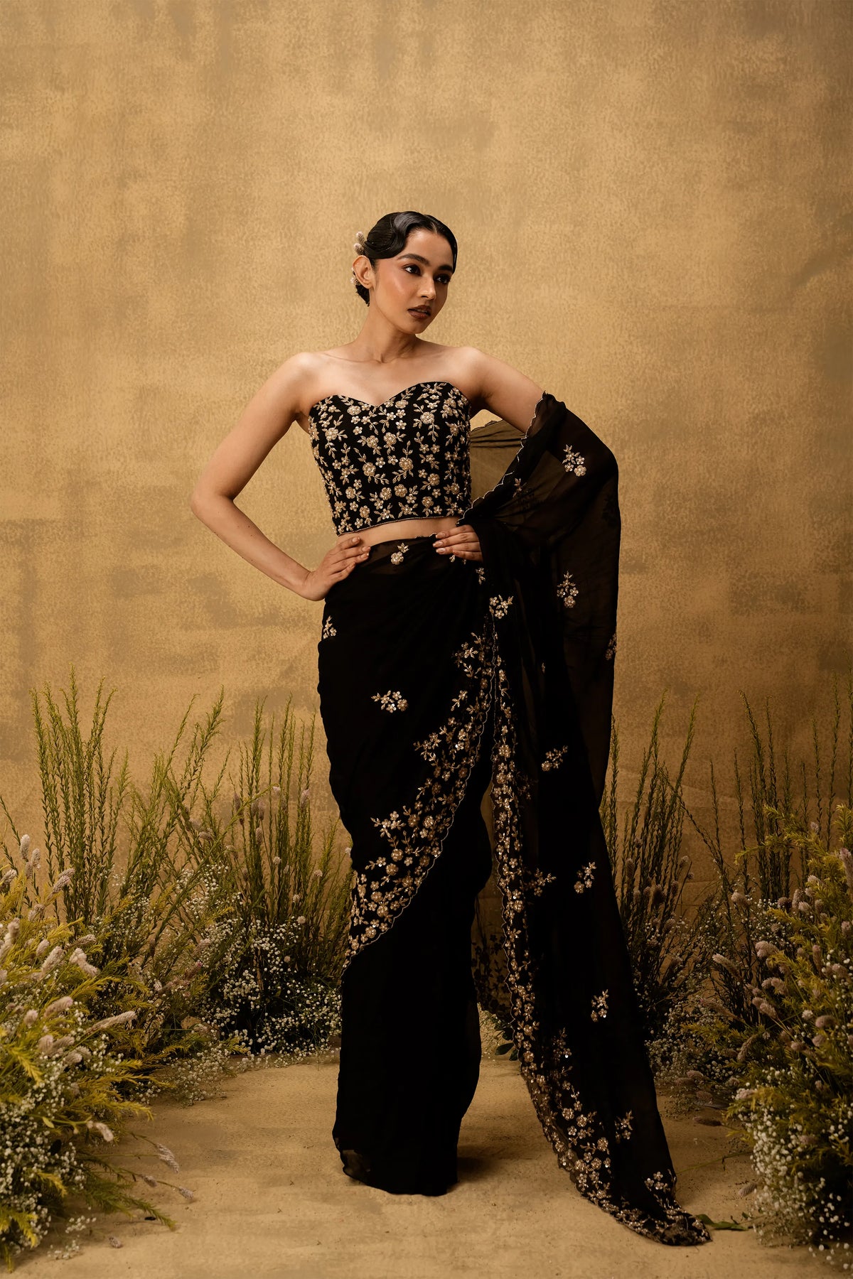 Black Pre-stitched hand embroidered organza saree set