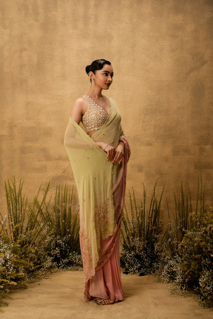 Pastel green & pink ombre Pre-stitched hand embroidered georgette saree set